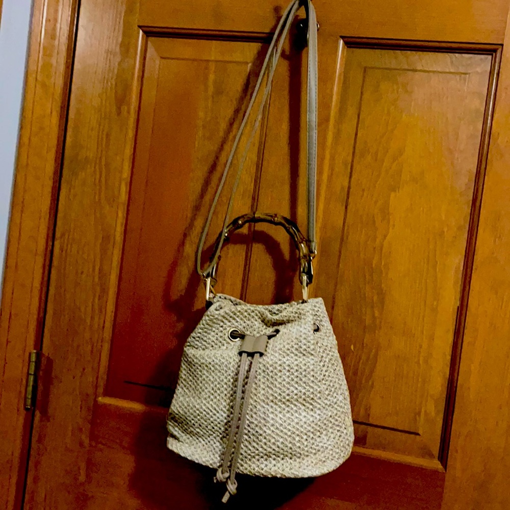 Woven summer handbag with bamboo handle